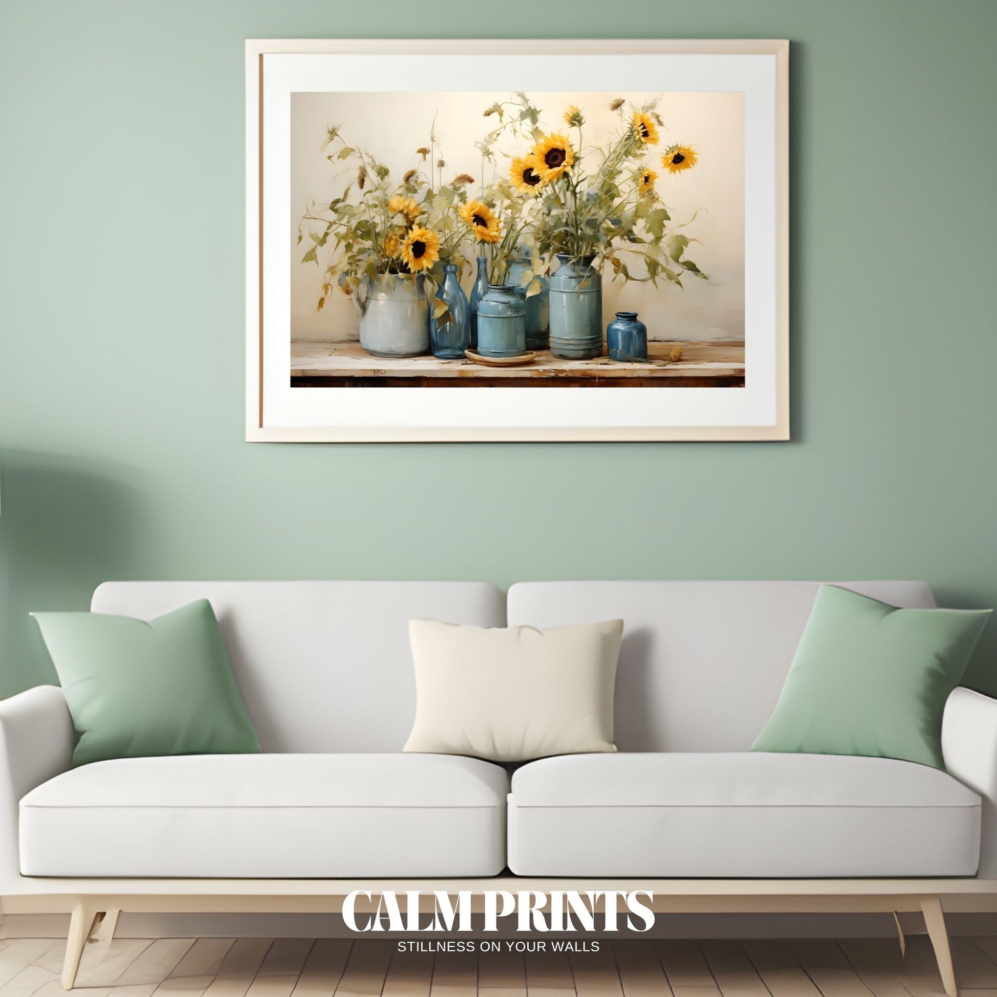 Artwork of sunny flowers in blue jars capturing warmth and colour
