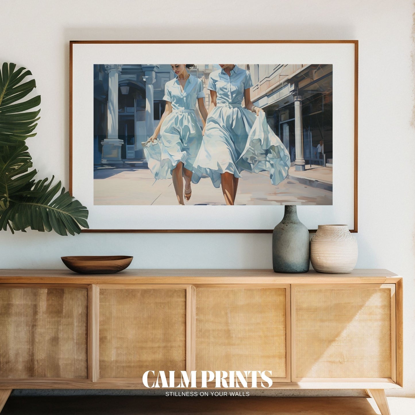 Sunlit stroll with light, airy dresses swaying in the summer breeze
