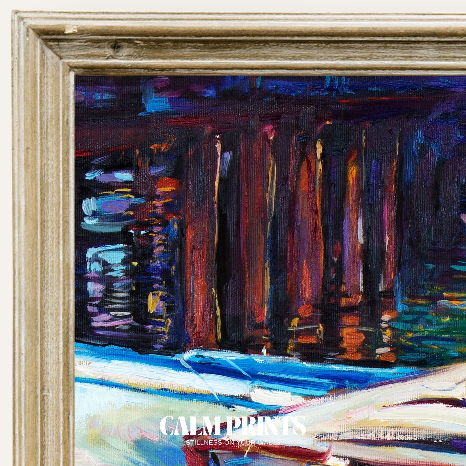 Print of a peaceful harbour with boats resting by the dock at sunset
