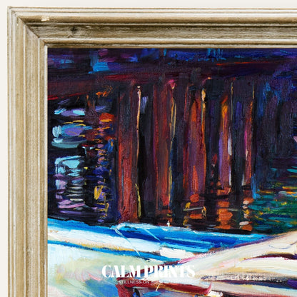 Print of a peaceful harbour with boats resting by the dock at sunset
