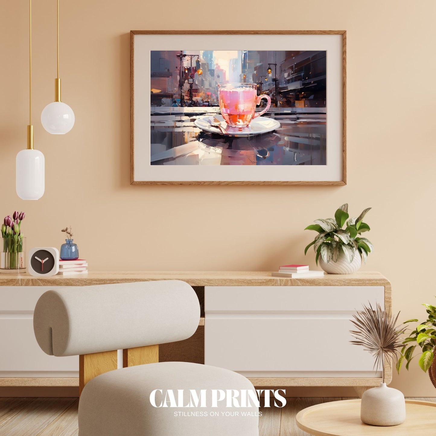 Surreal print of a glowing city reflected in the golden tones of tea
