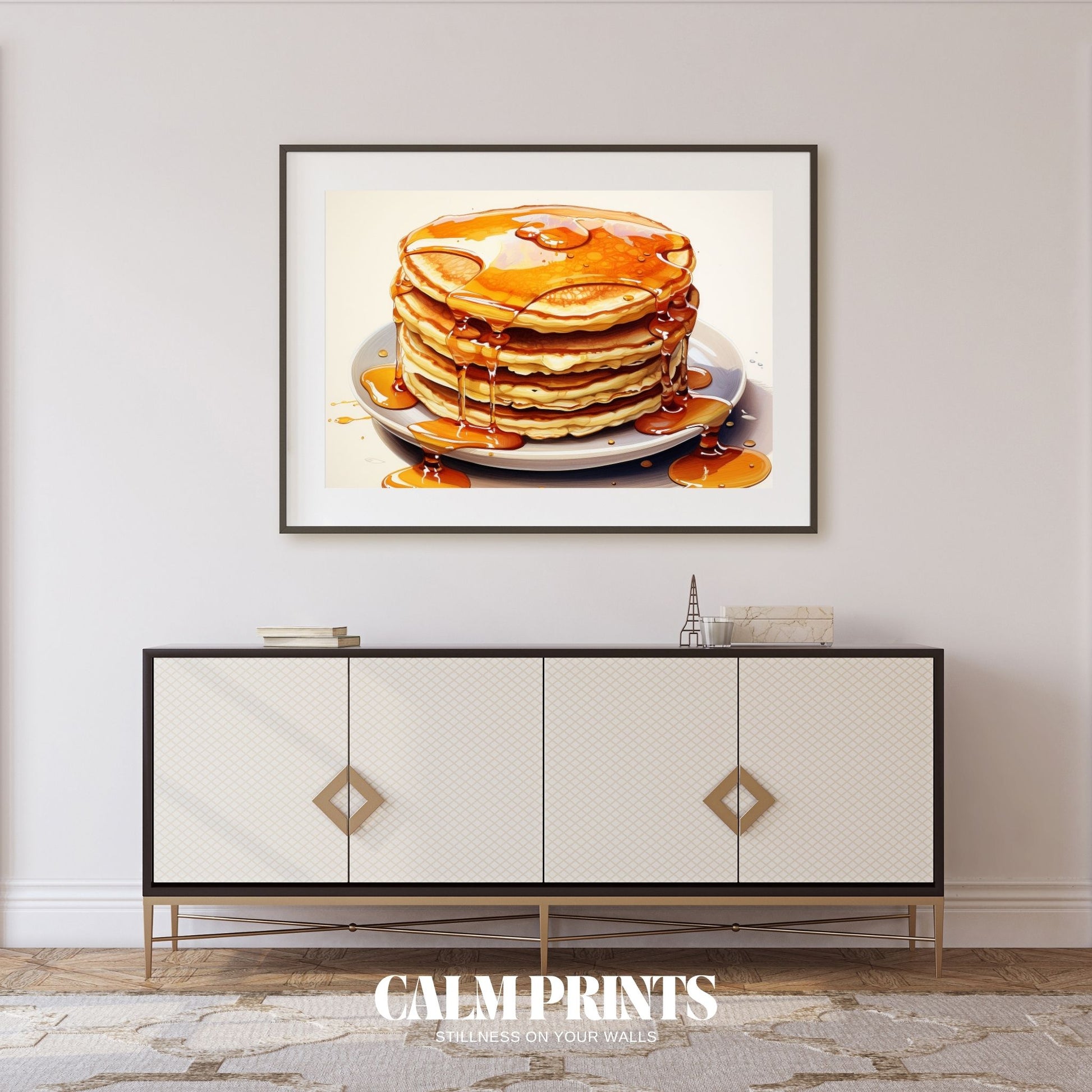 Poster featuring a sweet breakfast scene with pancakes and syrup glow
