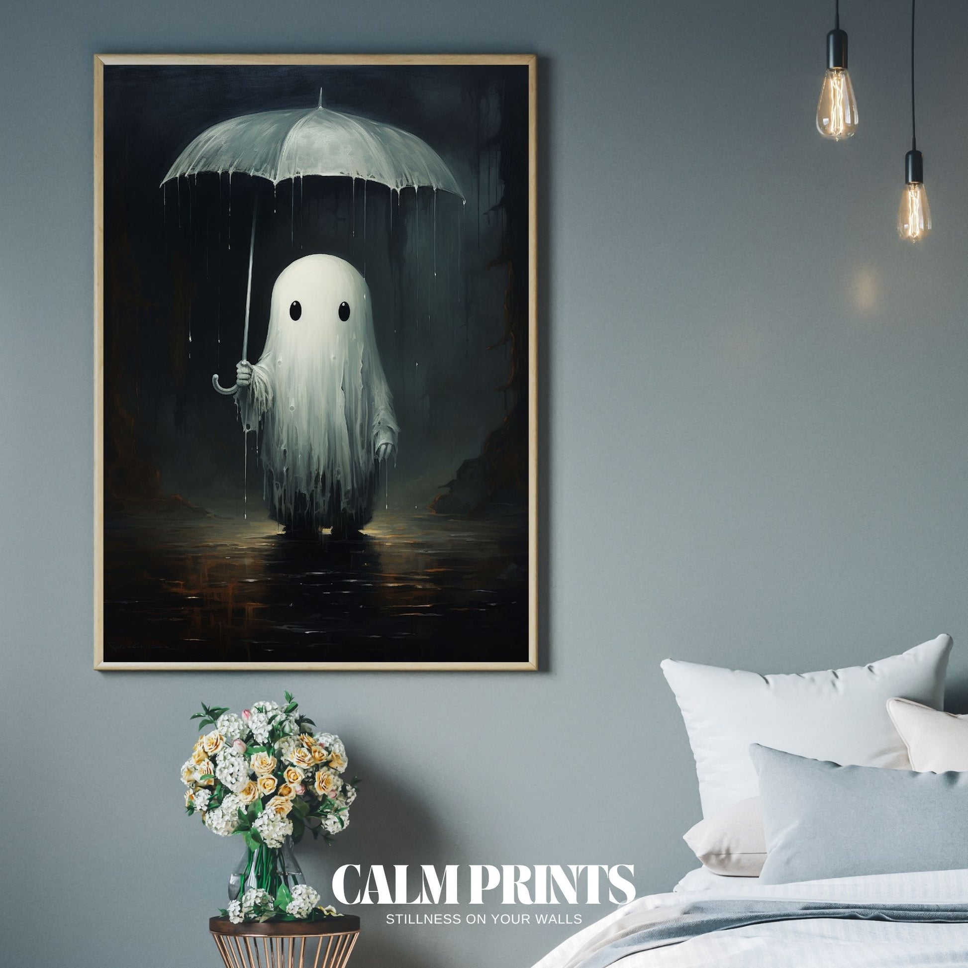 Print of a sweet ghost illuminated gently in the rainy night air
