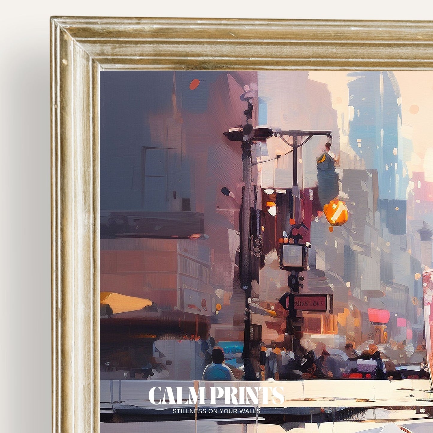 Art print showing a peaceful city view mirrored in a teacup
