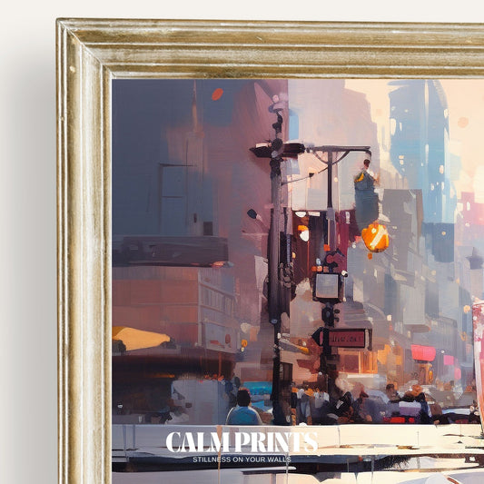 Art print showing a peaceful city view mirrored in a teacup
