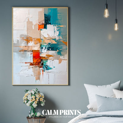 Textured painting on canvas with a vibrant palette of bold hues
