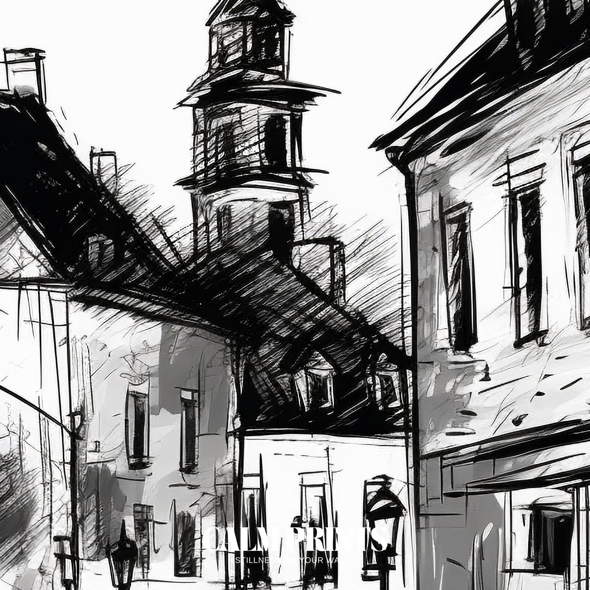 Timeless cityscape in monochrome with architectural depth and serenity
