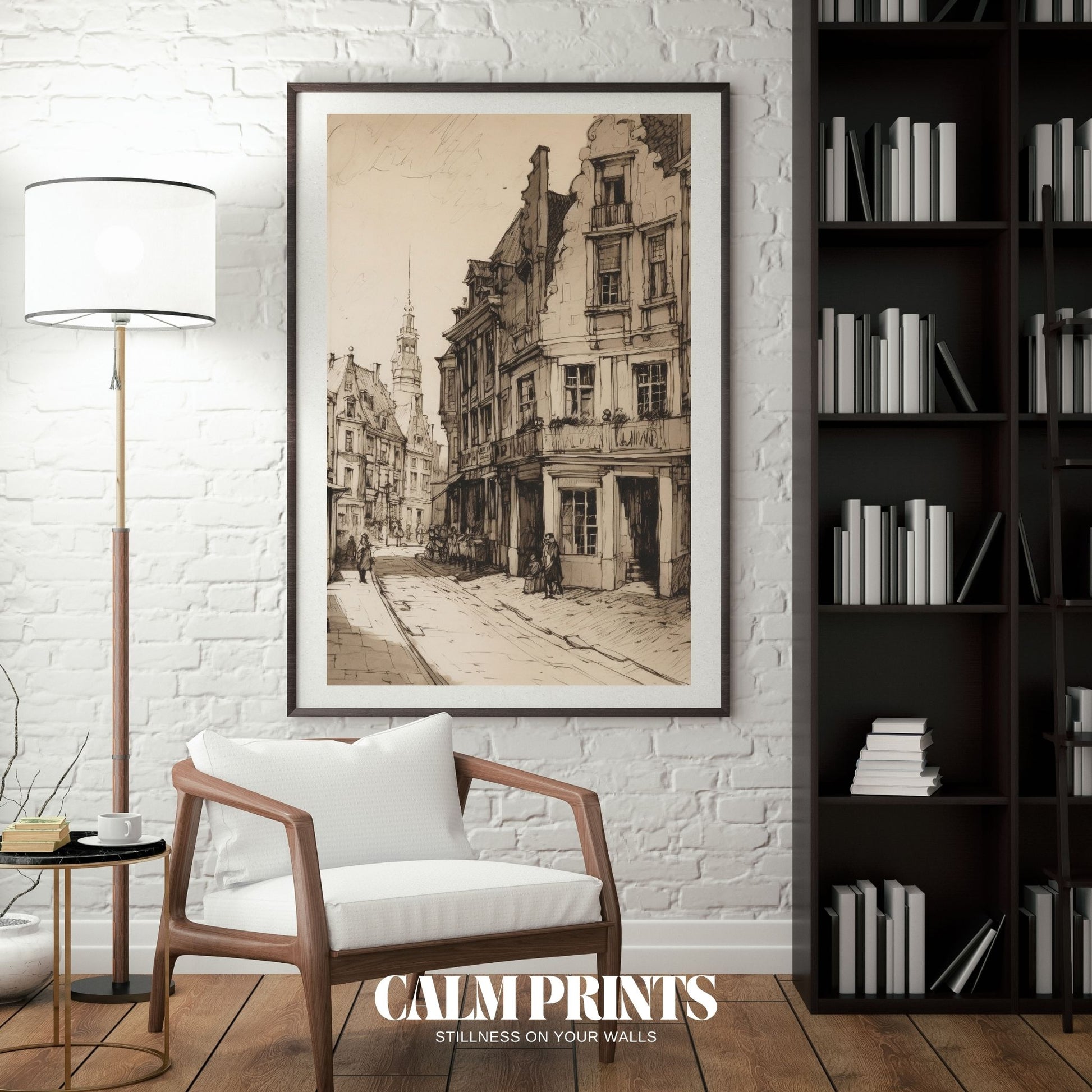 Timeless artwork showing a peaceful old town street in sketch form
