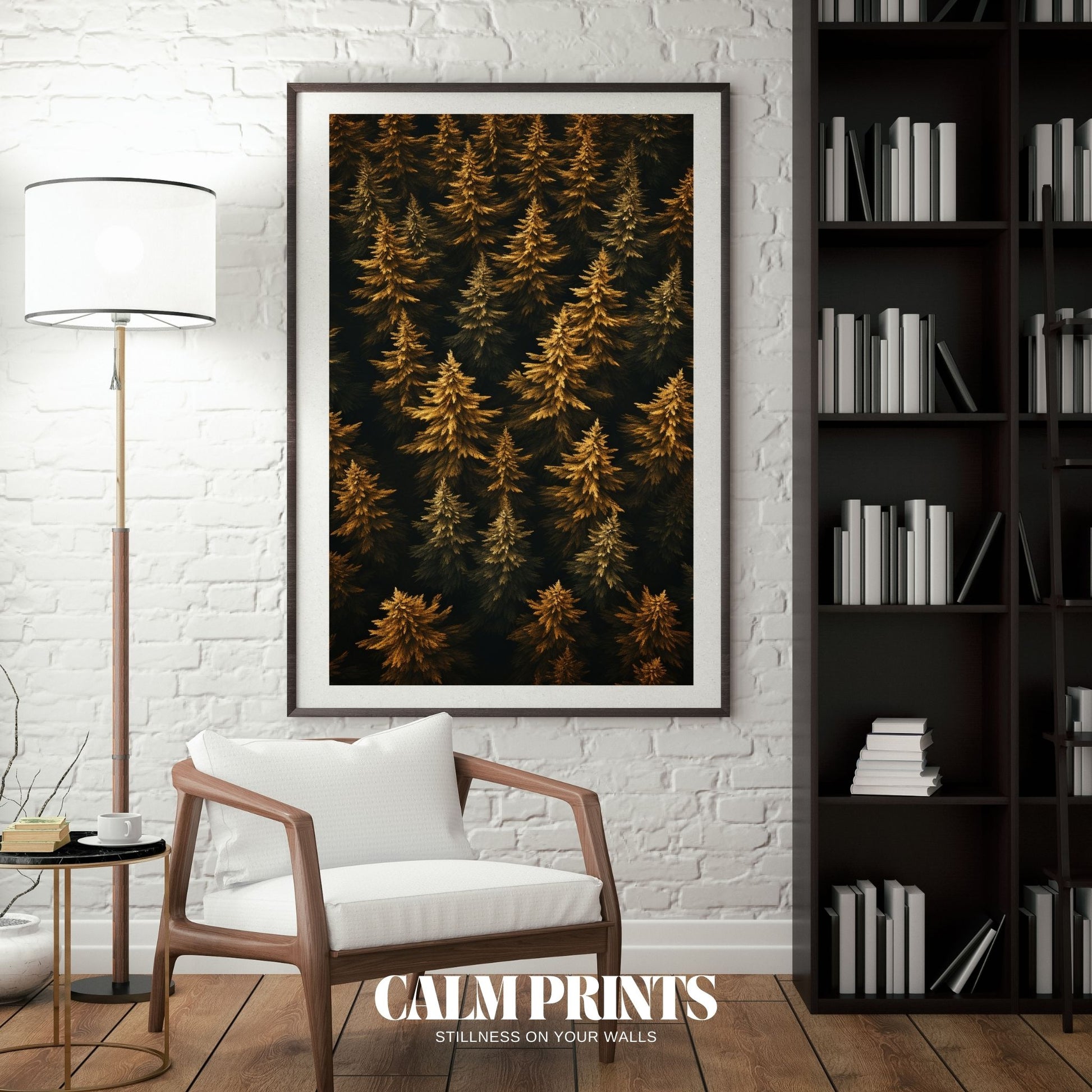 Top view of autumnal trees with conifer patterns and warm hues