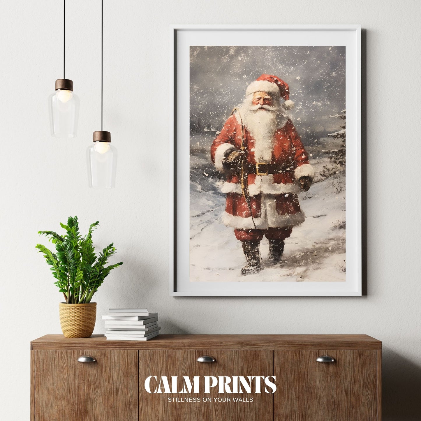 Traditional Christmas poster with Santa in the snow, surrounded by trees

