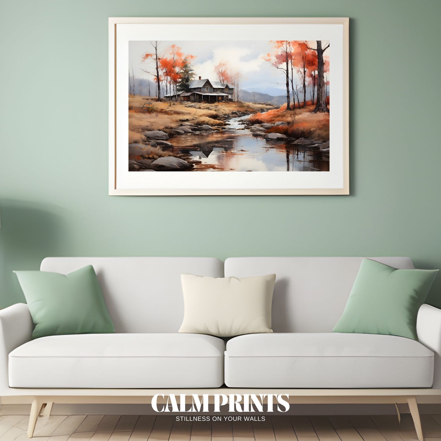 Tranquil autumn art of a rustic cabin by a gentle forest stream