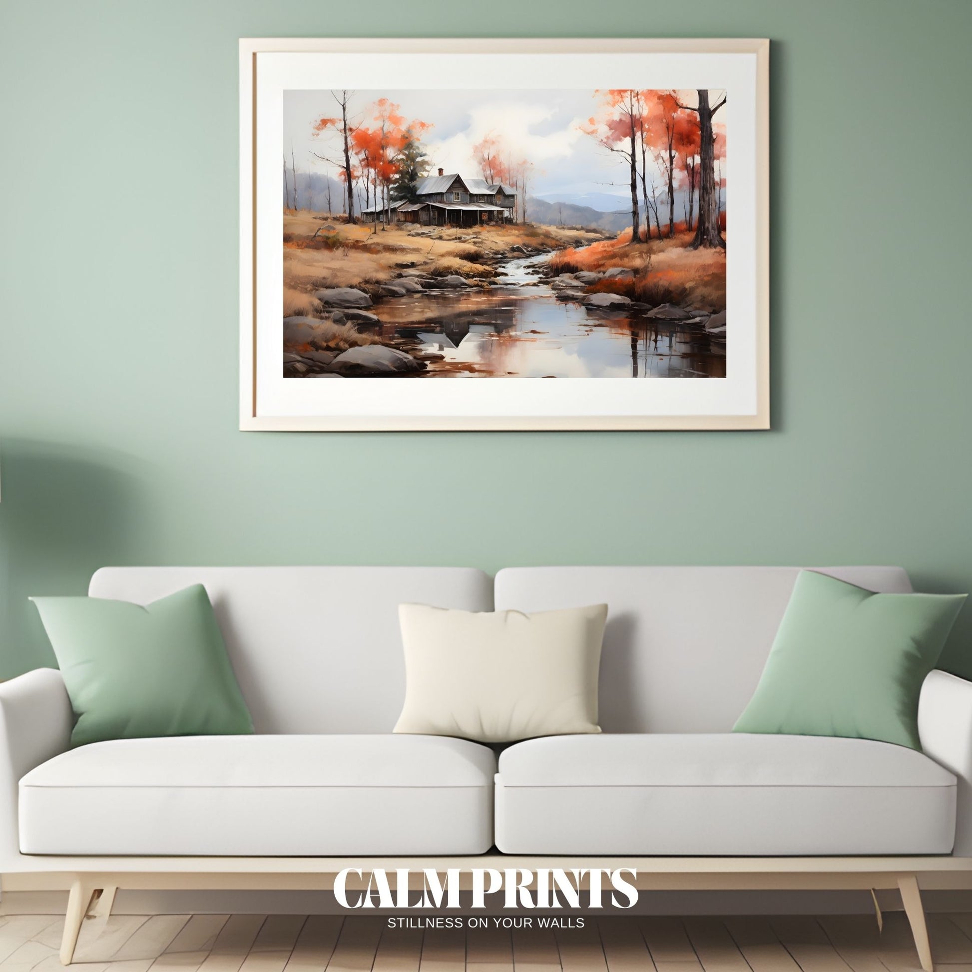 Tranquil autumn art of a rustic cabin by a gentle forest stream