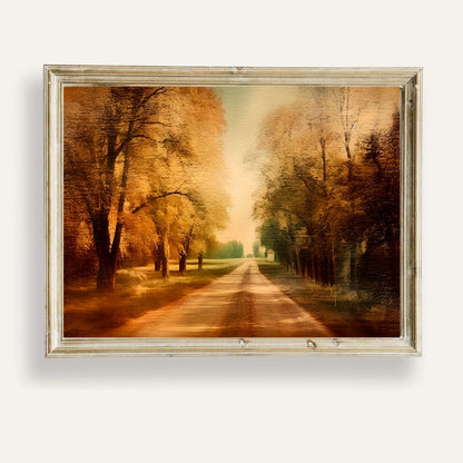 Serene autumn pathway lined with golden trees and gentle fallen leaves
