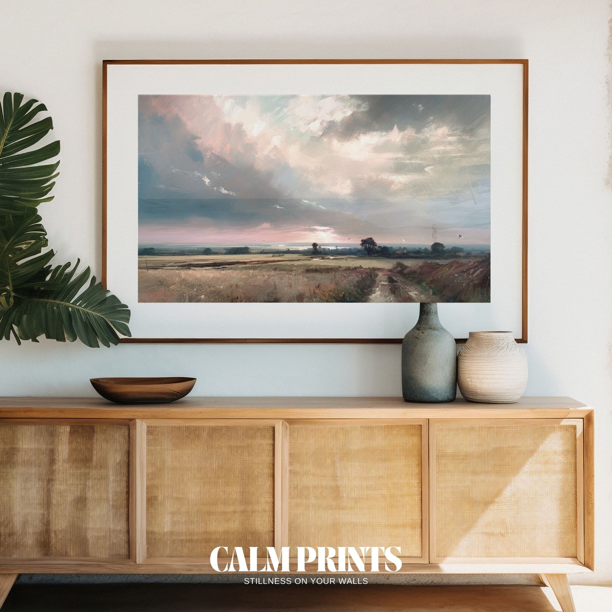 Tranquil dusk scene with rolling hills and soft evening colours
