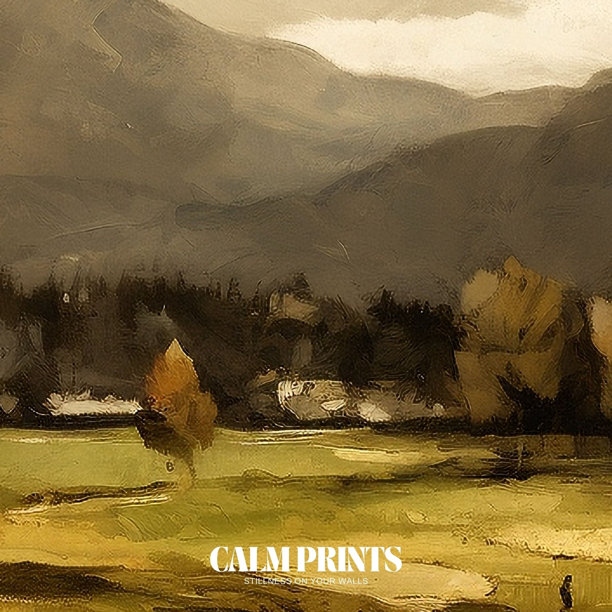 Tranquil fall meadow art with warm hues and gentle countryside charm