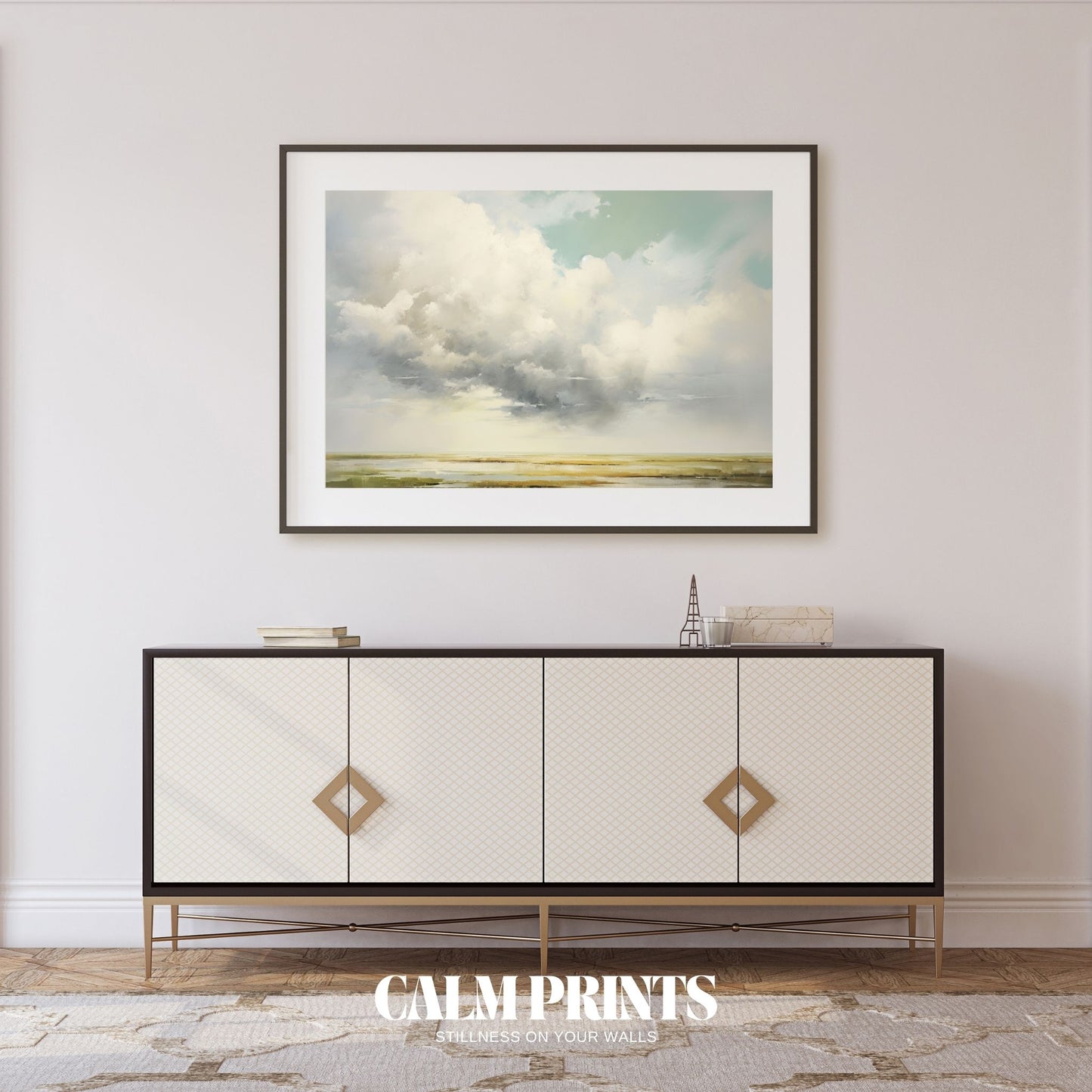 Poster of tranquil fields beneath a moody grey sky with soft tones
