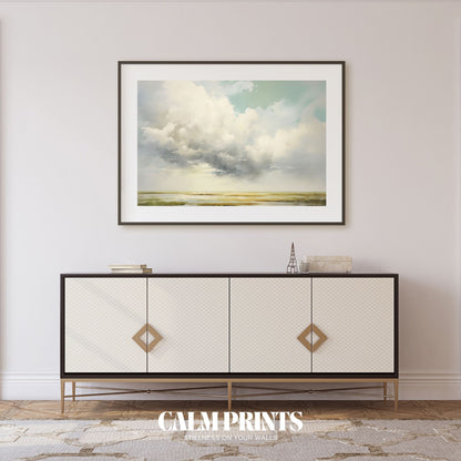 Poster of tranquil fields beneath a moody grey sky with soft tones
