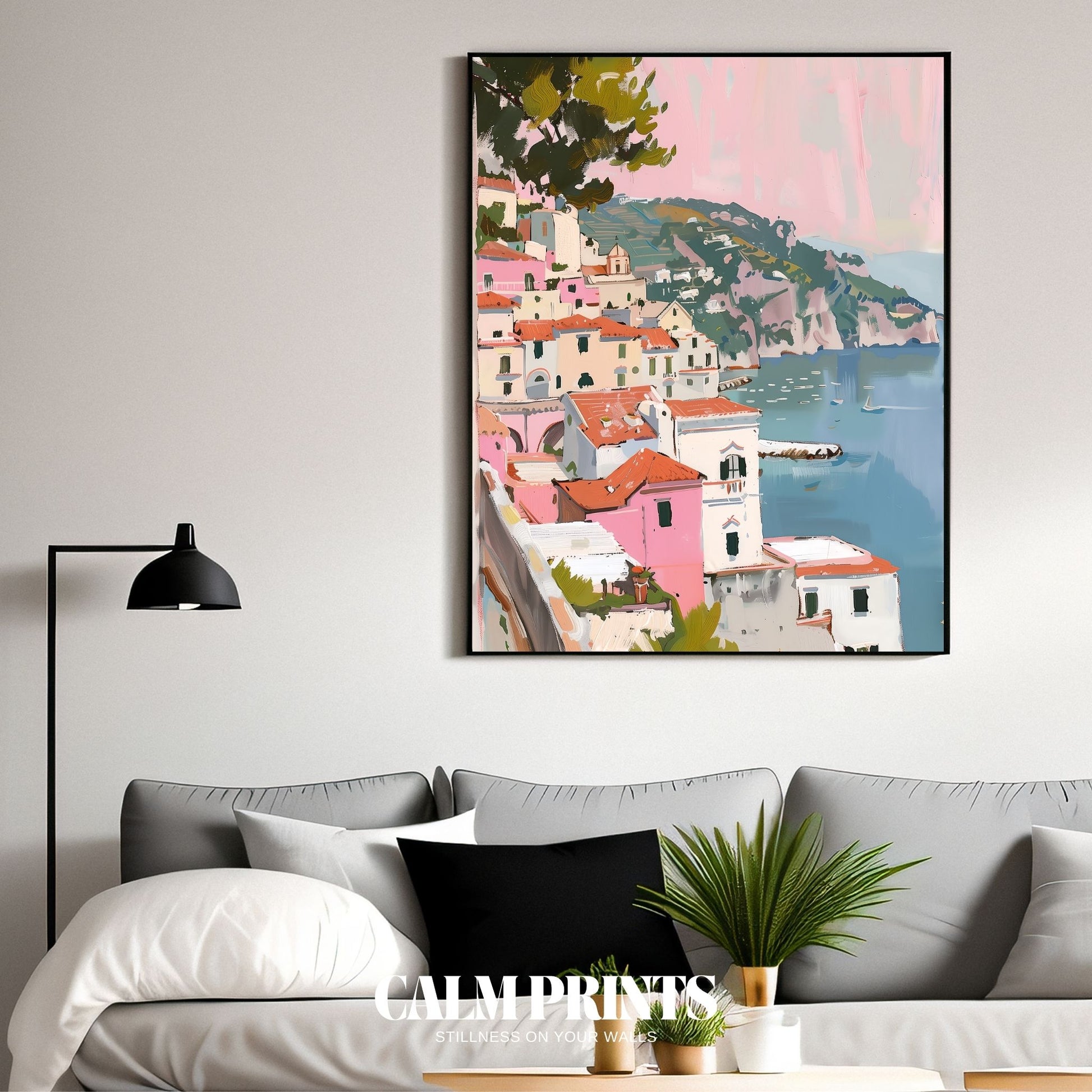 Artwork of a tranquil harbour town with boats and still coastal waters
