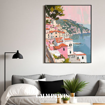 Artwork of a tranquil harbour town with boats and still coastal waters
