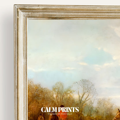 Art print of a tranquil landscape with hunters in quiet pursuit
