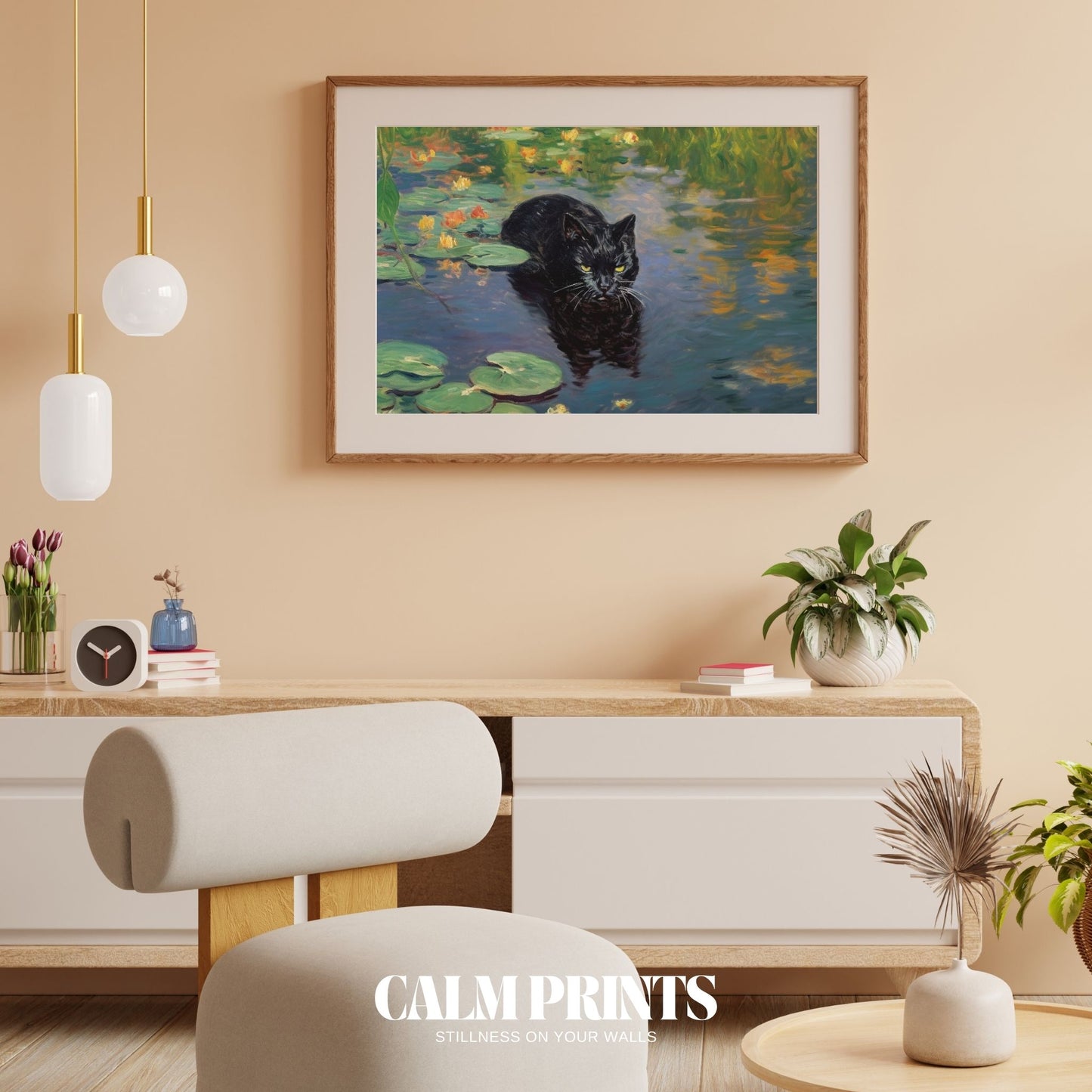 Tranquil waters with water lilies and a soft-eyed black cat resting
