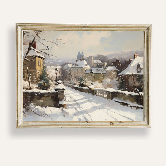 Charming winter village blanketed in snow beneath a quiet sky
