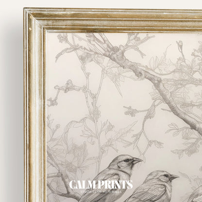 Pencil-style artwork of birds resting peacefully on tree limbs