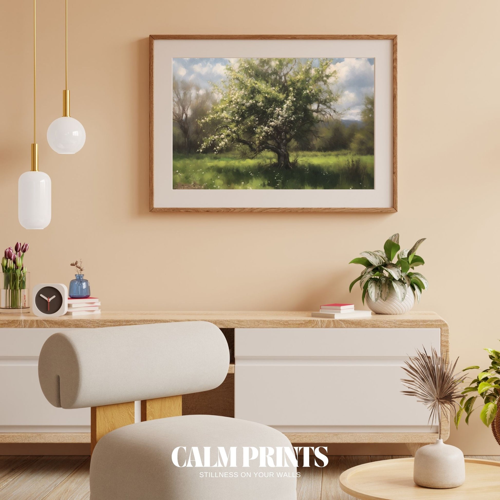 Poster of a tree in bloom surrounded by fresh spring grass and gentle skies