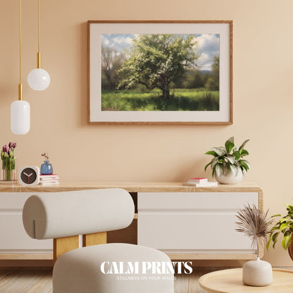 Poster of a tree in bloom surrounded by fresh spring grass and gentle skies