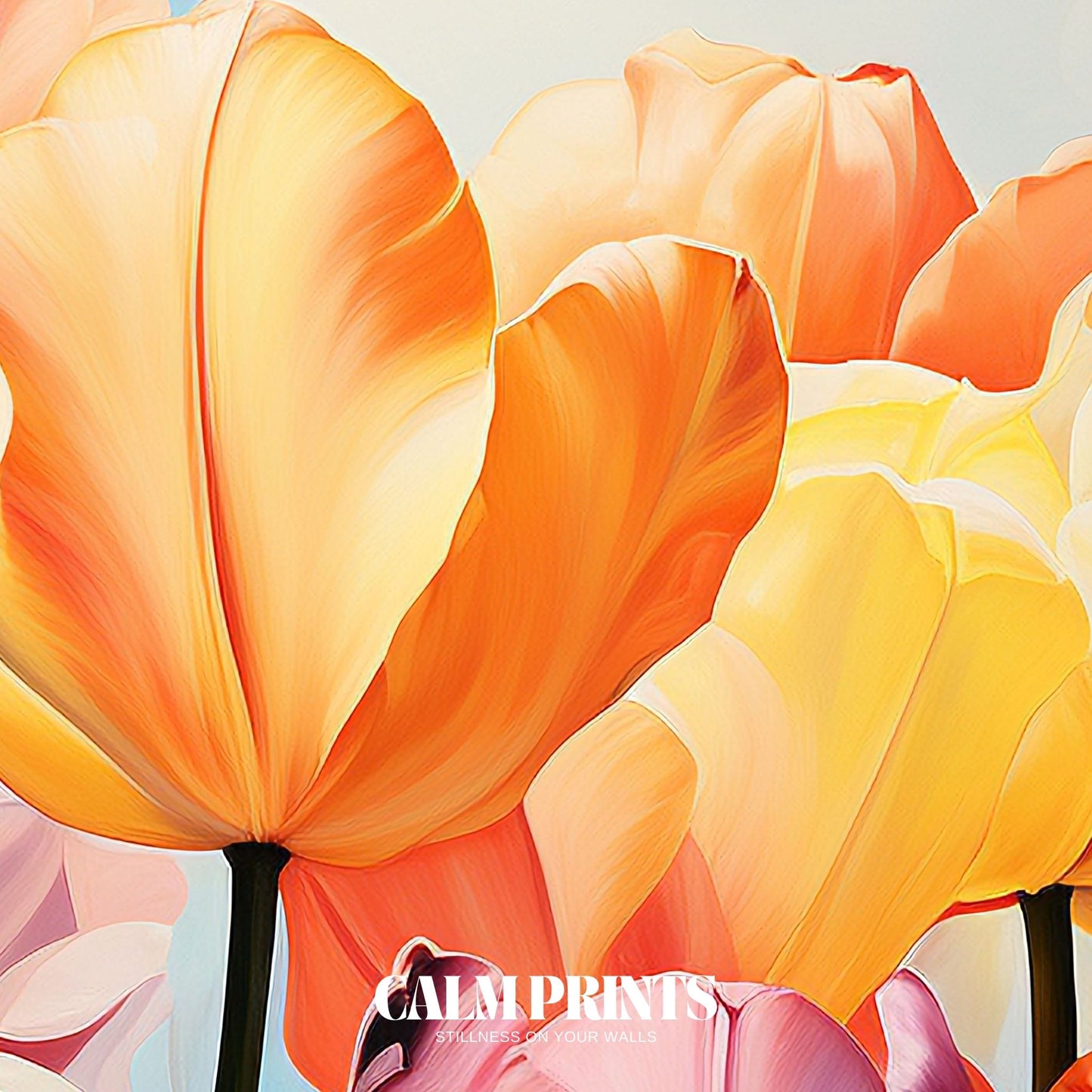 Fantasy landscape of tulips painted in bright hues and soft pastels
