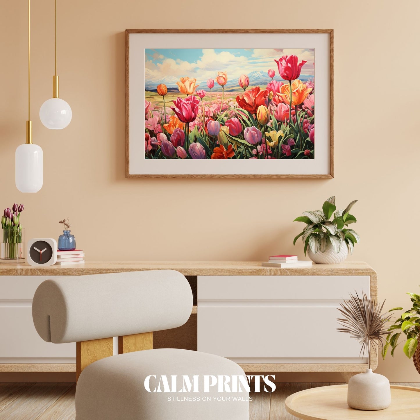 Springtime tulip farm painted in rows of vibrant seasonal colour
