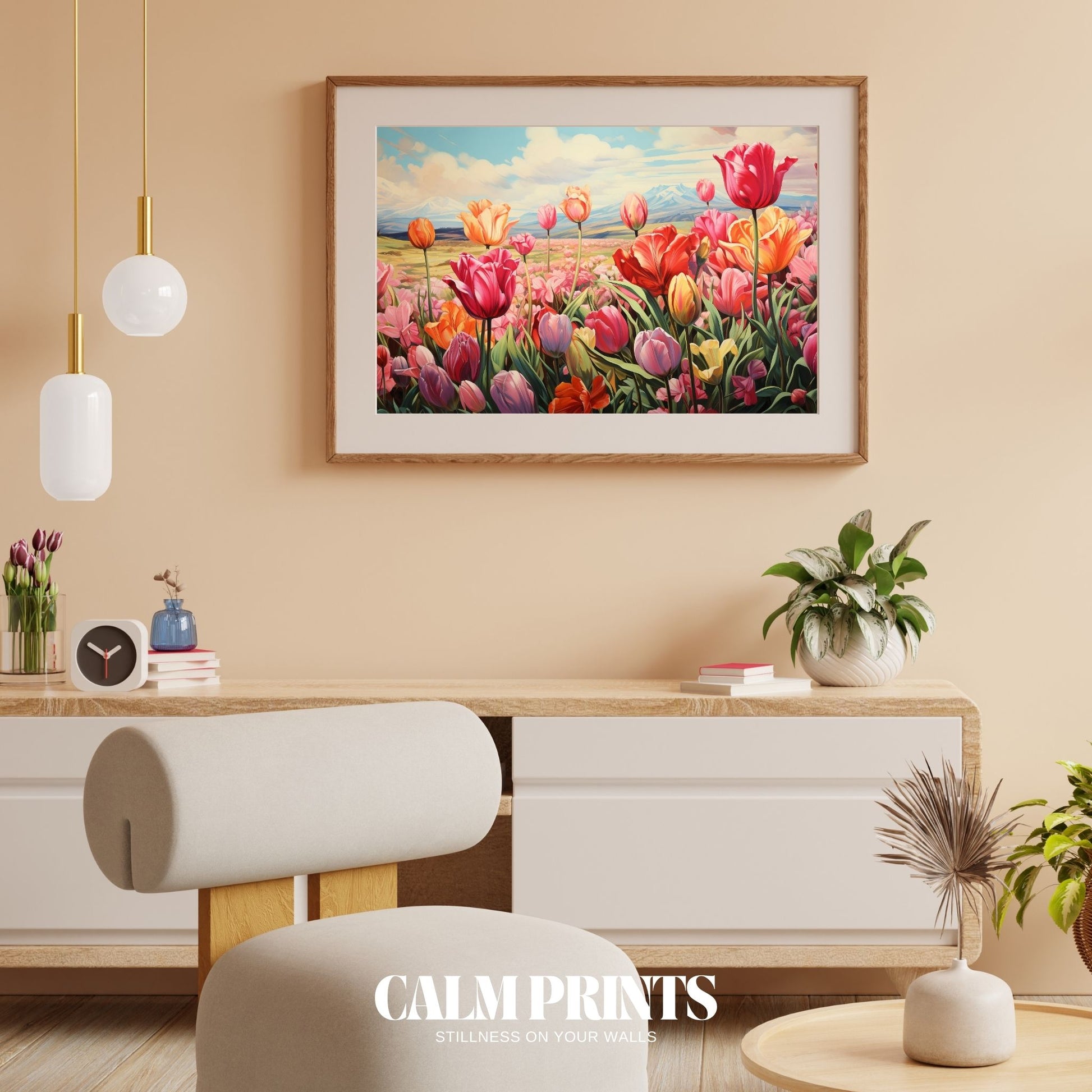 Springtime tulip farm painted in rows of vibrant seasonal colour
