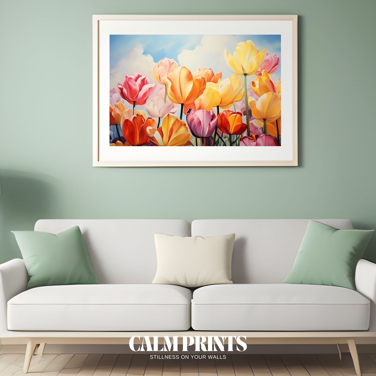 Poster of a tulip paradise with rows of brightly coloured blossoms

