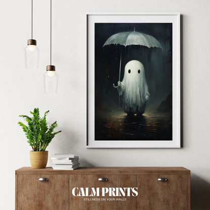Poster of a ghost holding an umbrella on a quiet, rainy evening
