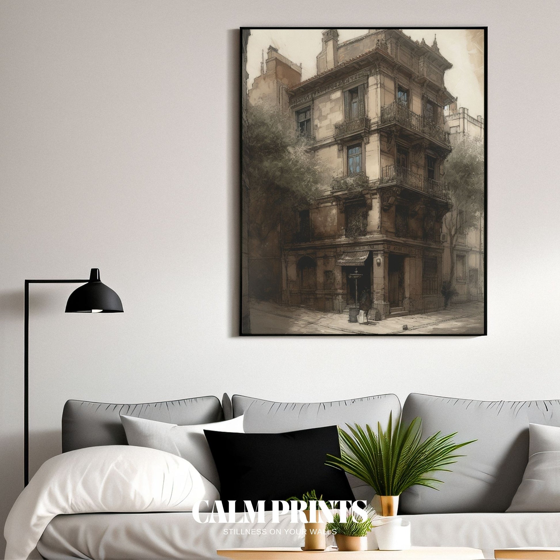 Sketch-style artwork showcasing urban architecture and street charm
