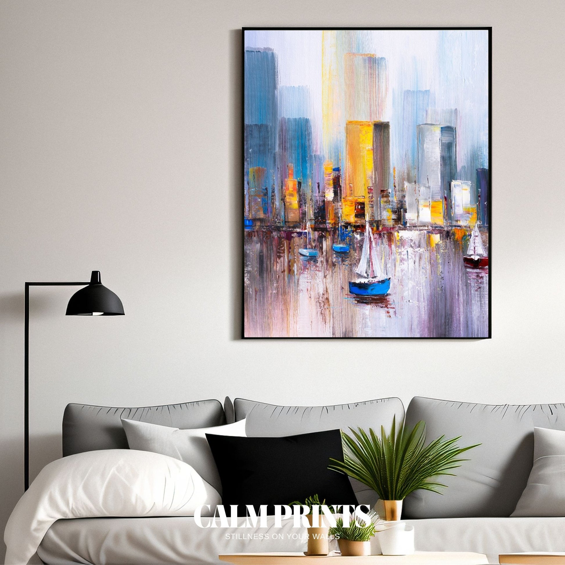 Abstract painting of an urban harbour with small boats and buildings