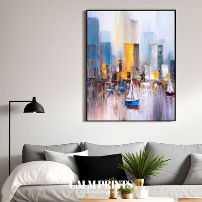 Abstract painting of an urban harbour with small boats and buildings