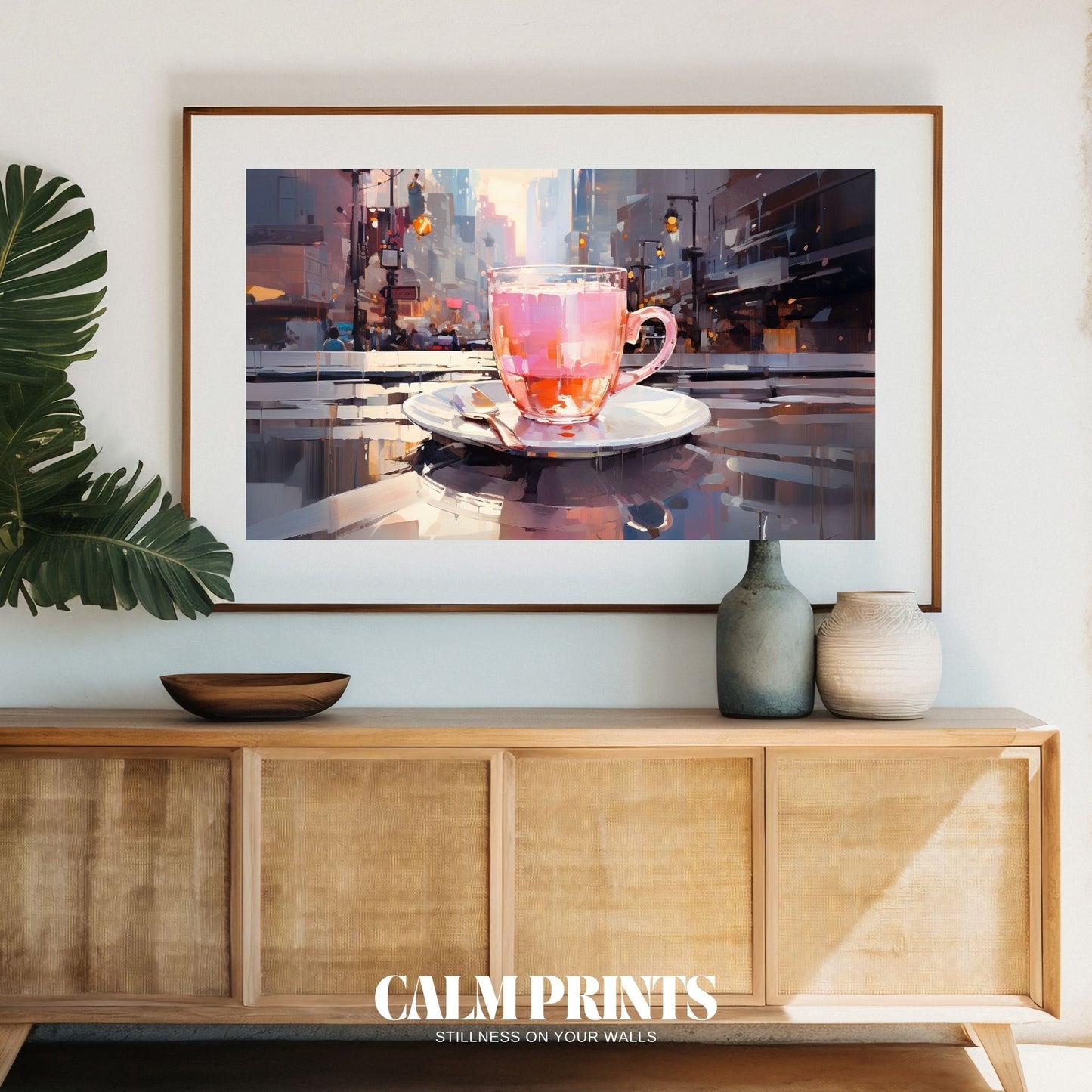 Artwork of a city skyline softly mirrored in a steaming tea cup
