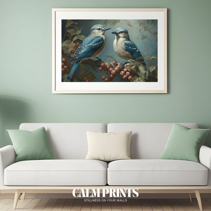 Vibrant bluebirds adding colour to a soft, berry-filled bough
