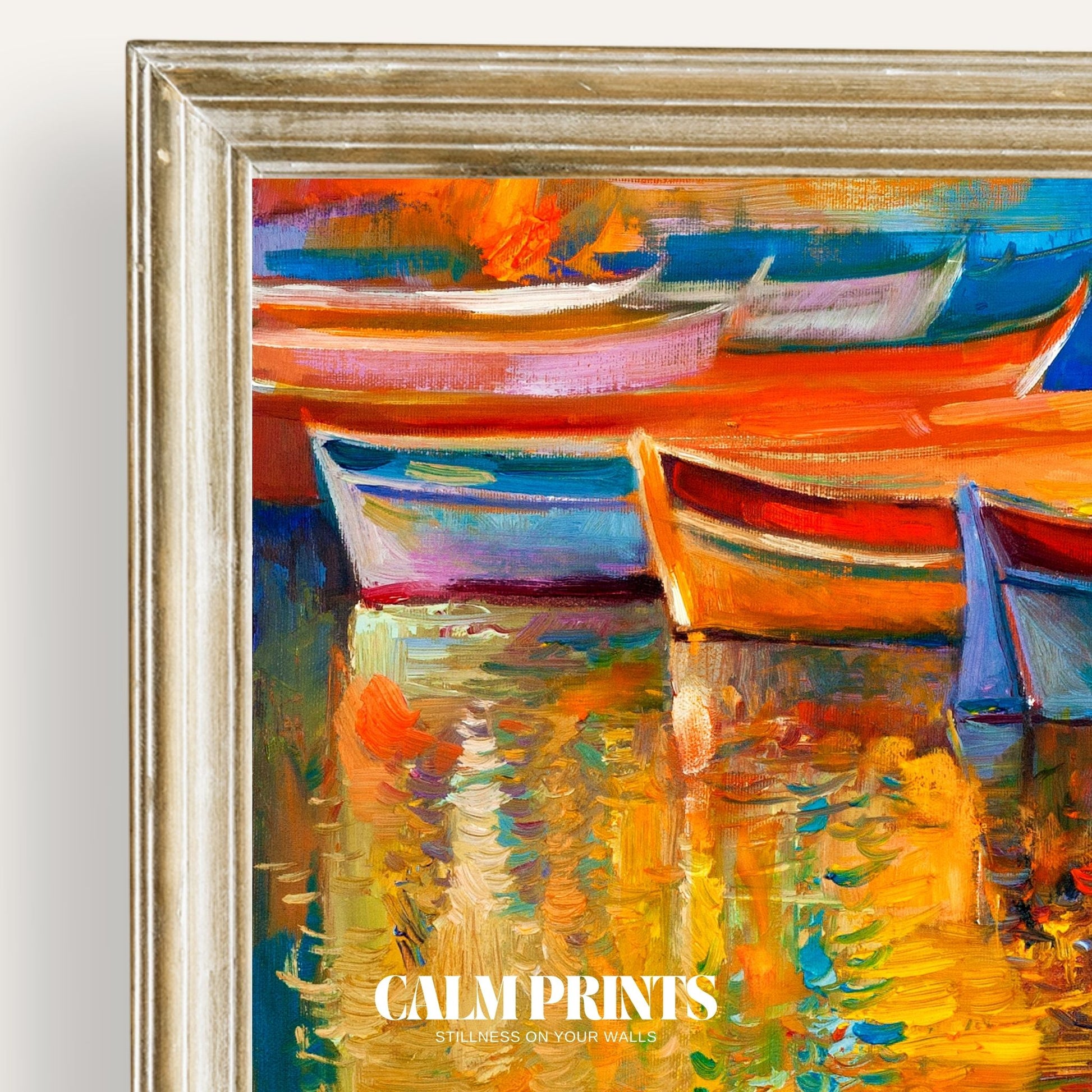 Seaside print of vibrant boats mirrored beautifully on still water
