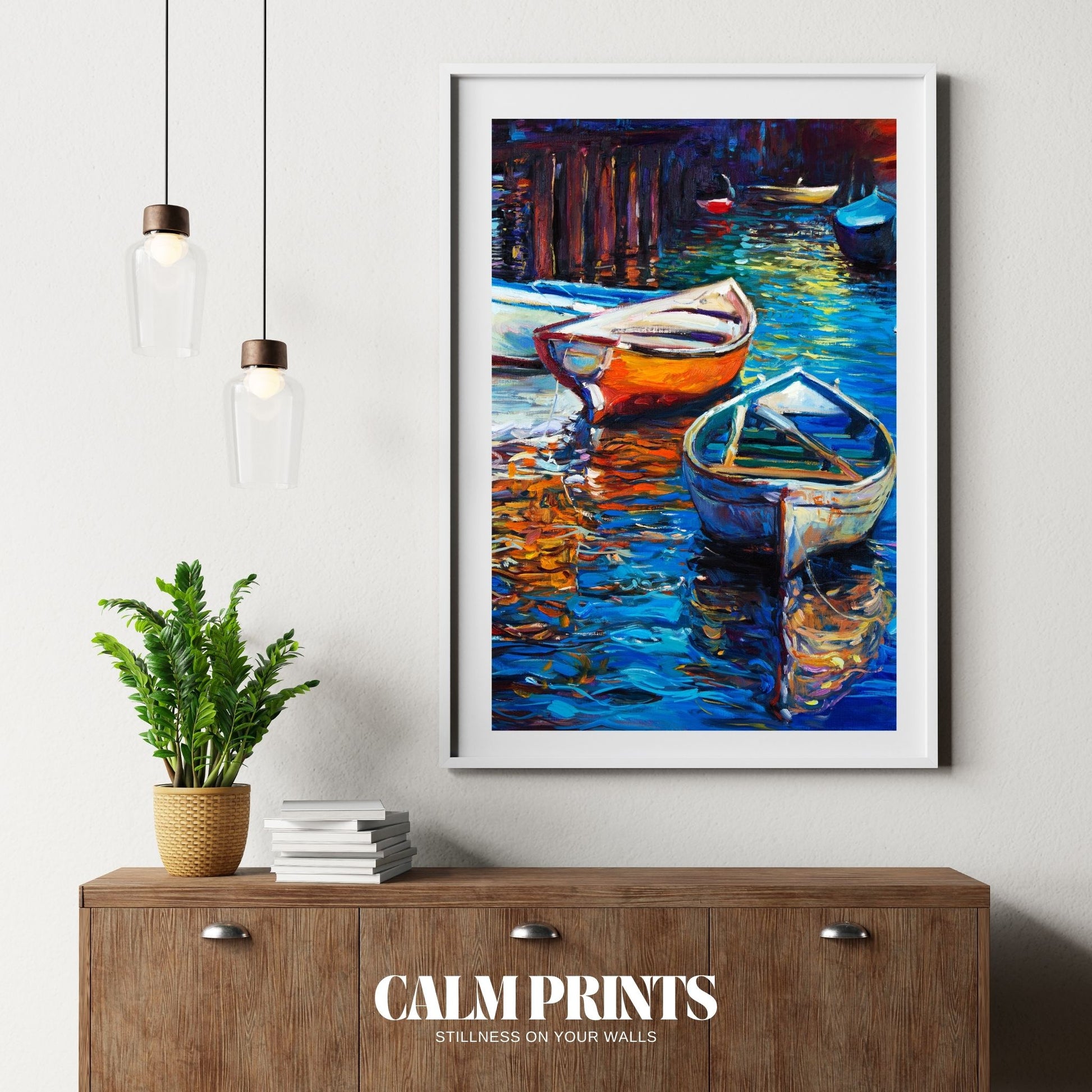 Artwork of vibrant boats casting reflections in golden sunset light
