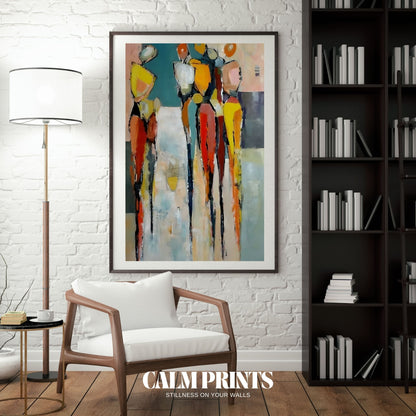 Art print of abstract figures painted in vibrant hues