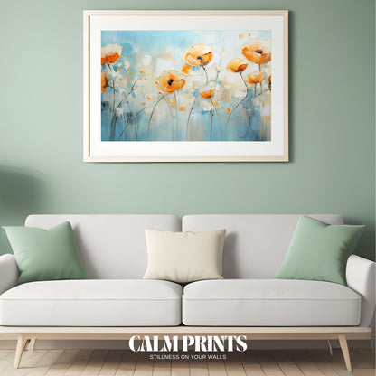 Vibrant orange blooms set against a rich blue canvas texture