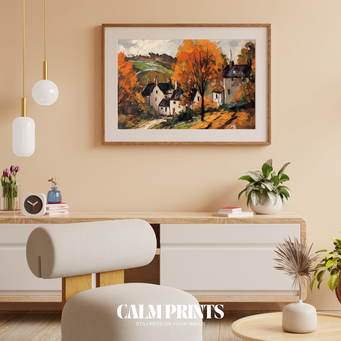 Valley village scene with winding paths and the soft hues of fall