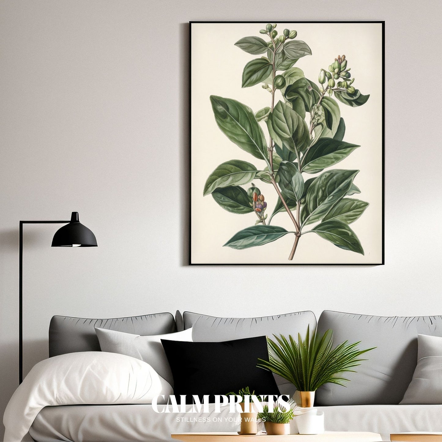 Vintage botanical art print of wild berries and leafy branches
