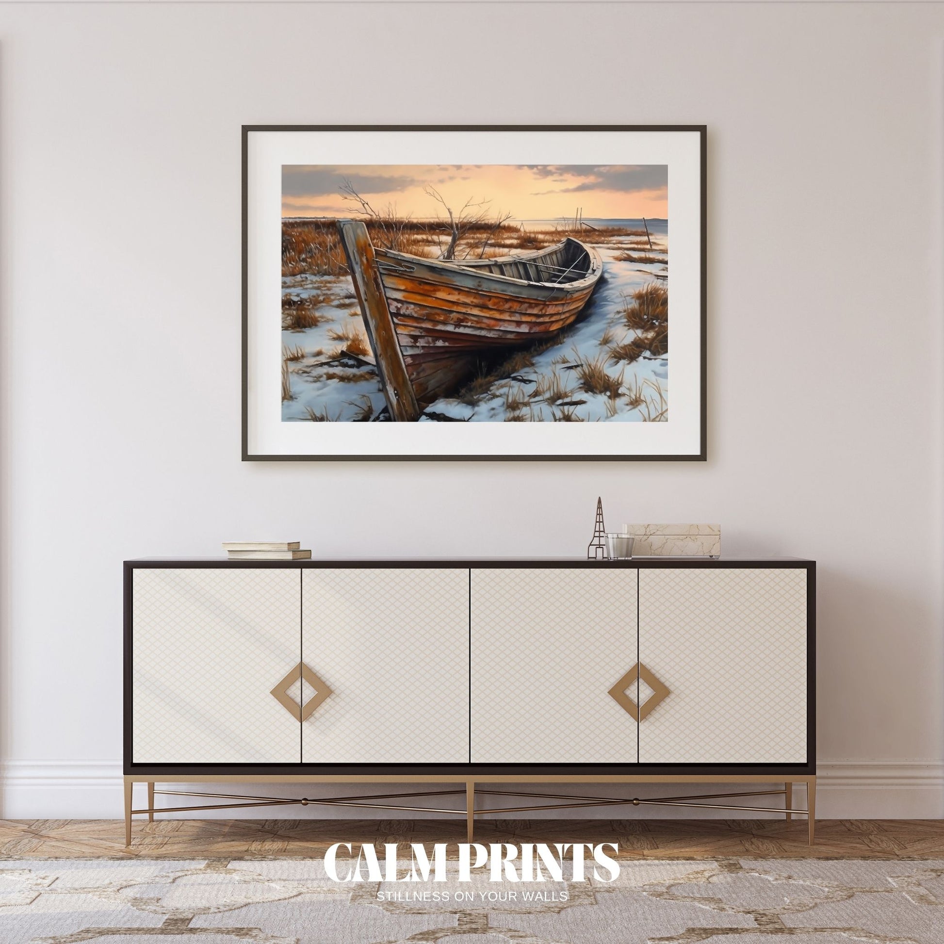 Vintage coastal poster with a weathered boat on a sandy shore