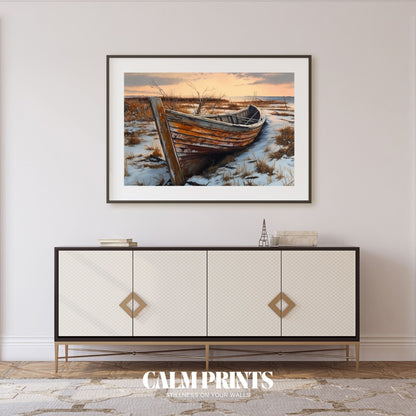 Vintage coastal poster with a weathered boat on a sandy shore