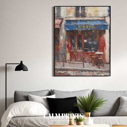 Poster of a vintage café façade nestled on a quaint street corner
