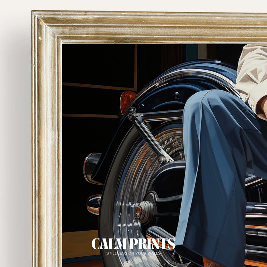 Print of a gentleman in classic attire riding a bicycle with grace
