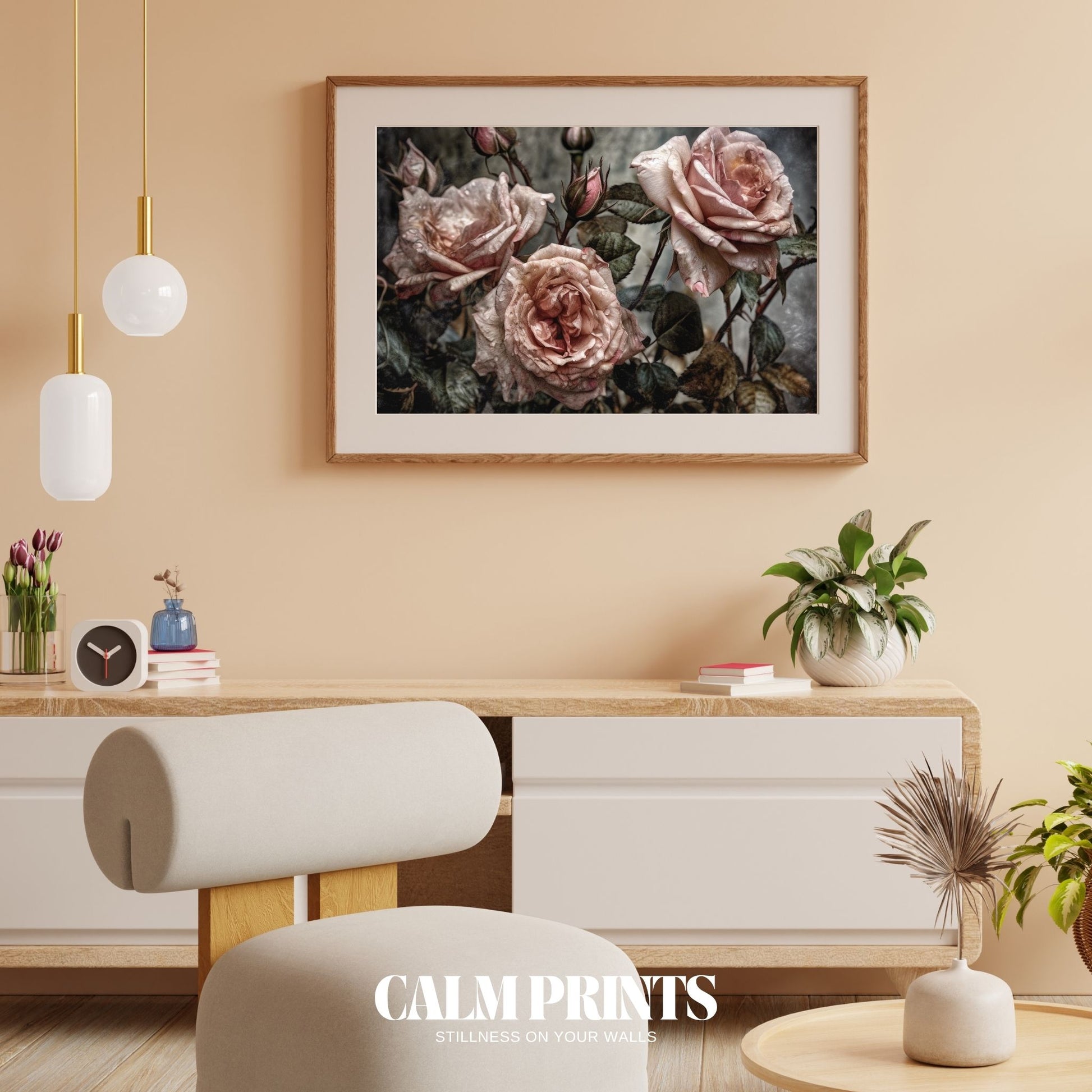 Still life floral artwork featuring dew-kissed roses in a vintage palette
